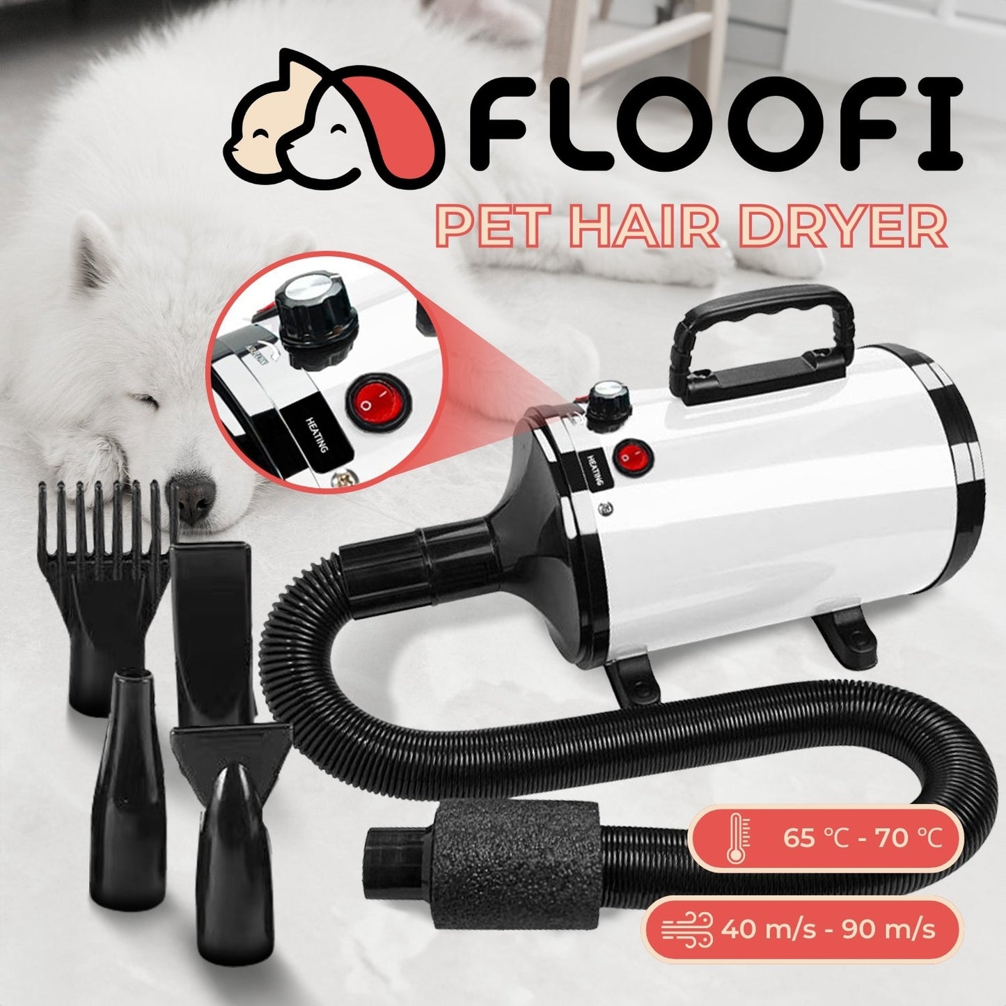 Floofi Pet Hair Dryer Advance Series - Adjustable Speed, Heat Protection, Low Noise