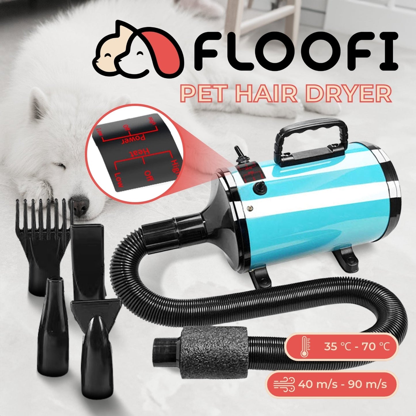 Floofi Pet Hair Dryer Advance Series - Adjustable Speed, Heat Protection, Low Noise