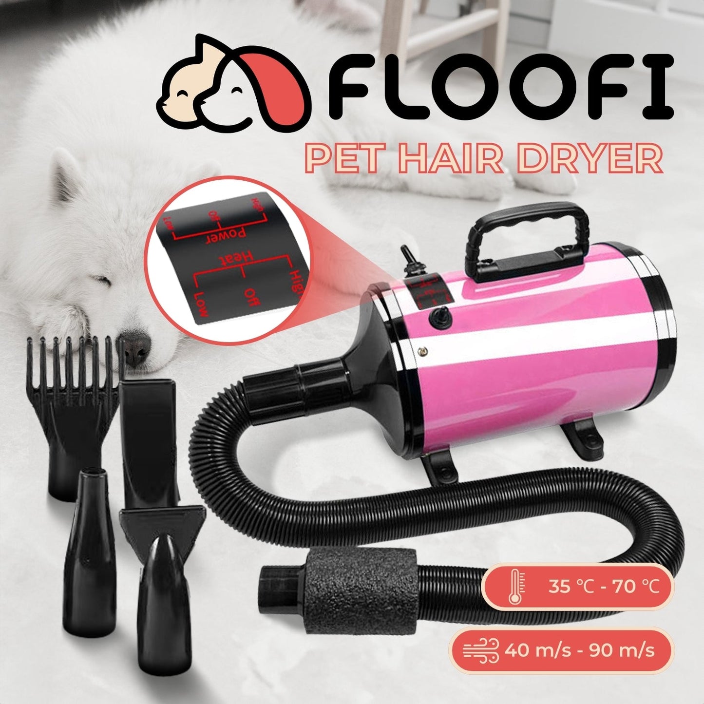 Floofi Pet Hair Dryer Advance Series - Adjustable Speed, Heat Protection, Low Noise