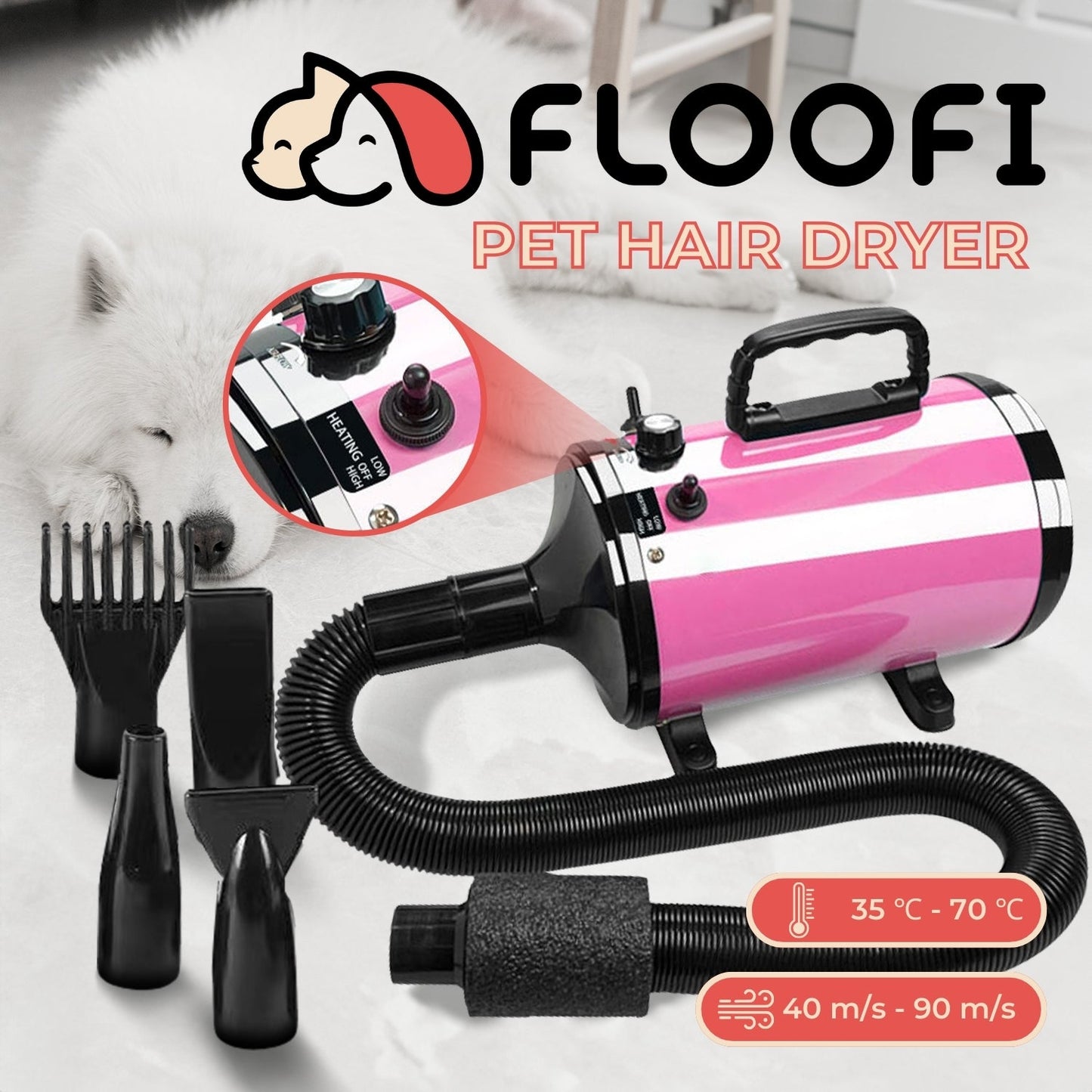 Floofi Pet Hair Dryer Advance Series - Adjustable Speed, Heat Protection, Low Noise