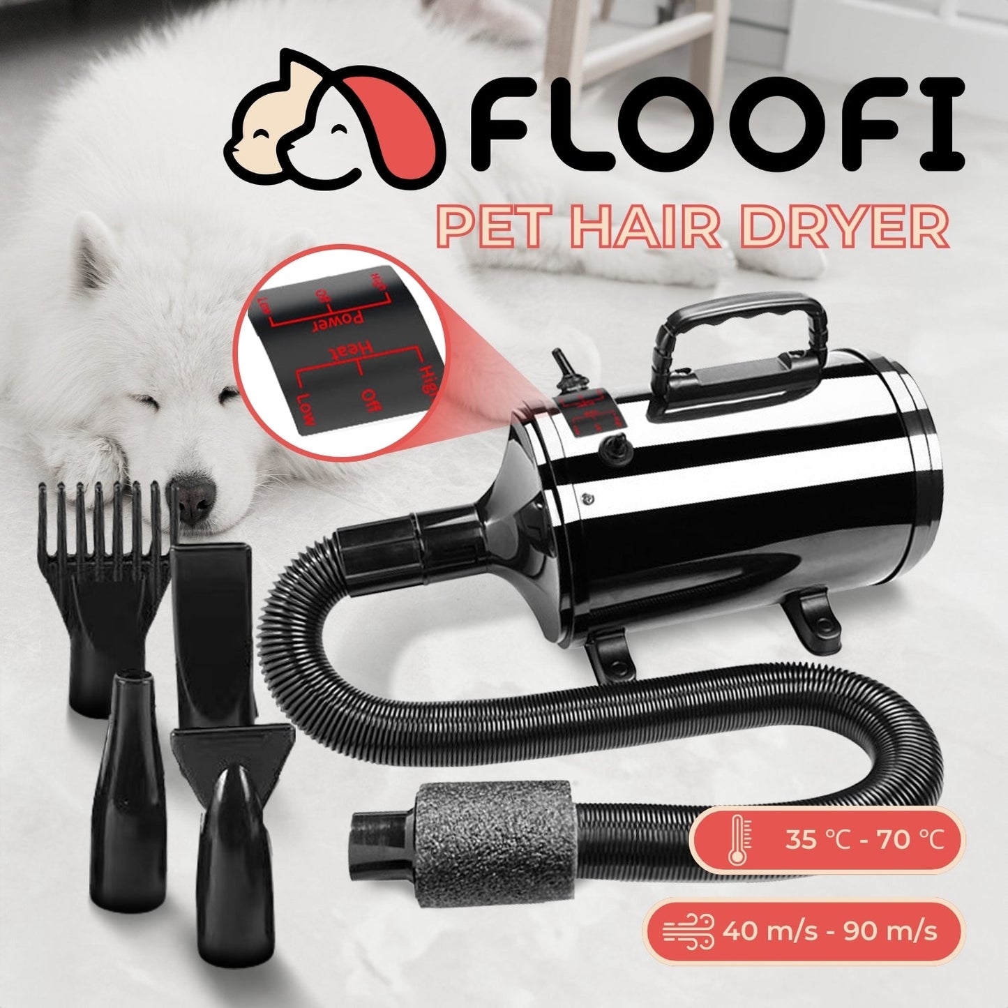 Floofi Pet Hair Dryer Advance Series - Adjustable Speed, Heat Protection, Low Noise