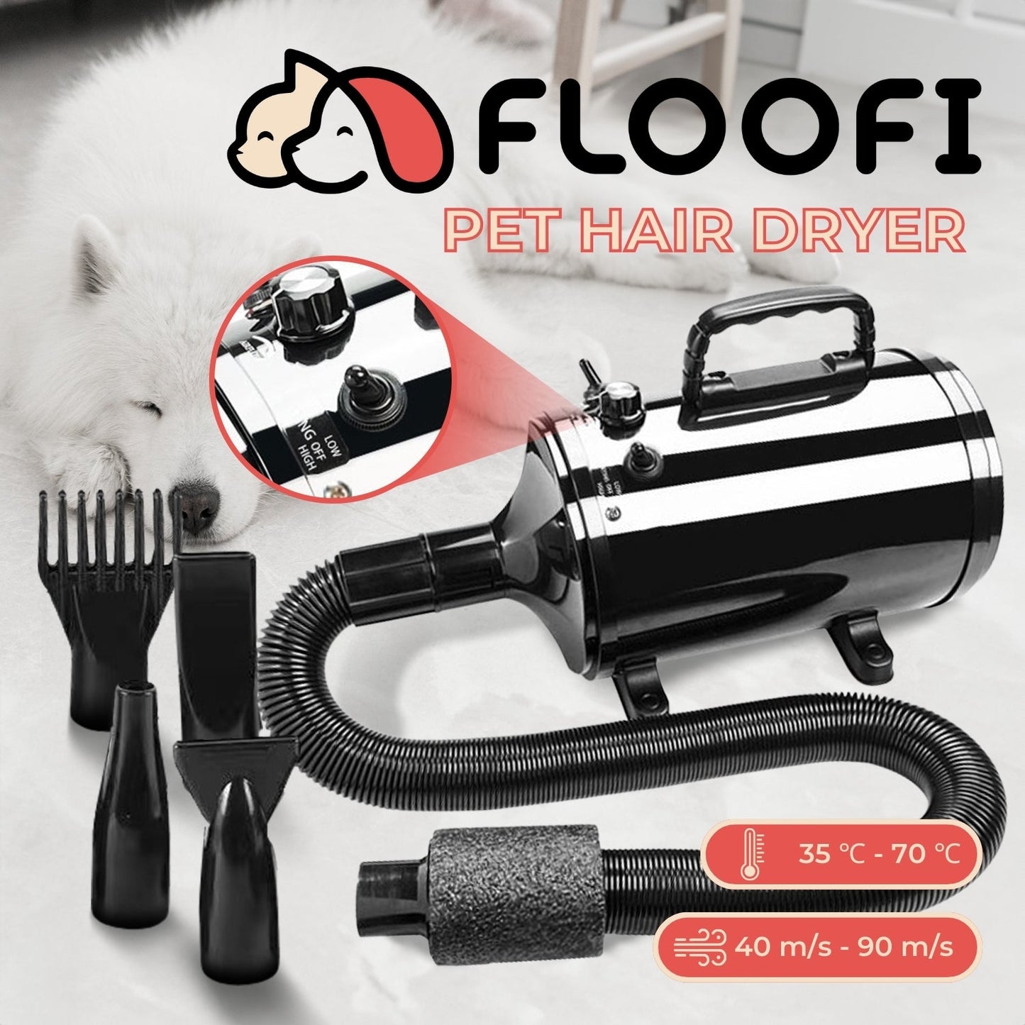 Floofi Pet Hair Dryer Advance Series - Adjustable Speed, Heat Protection, Low Noise