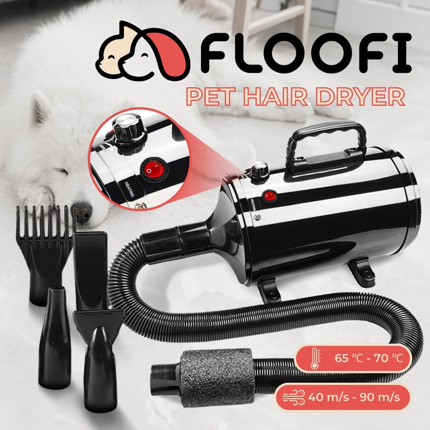 Floofi Pet Hair Dryer Advance Series - Adjustable Speed, Heat Protection, Low Noise