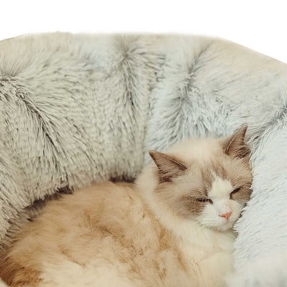 Grey Luxury Plush Cat Bed with Hidden Tunnel - Soft Round Pet Bed for Cats and Small Dogs