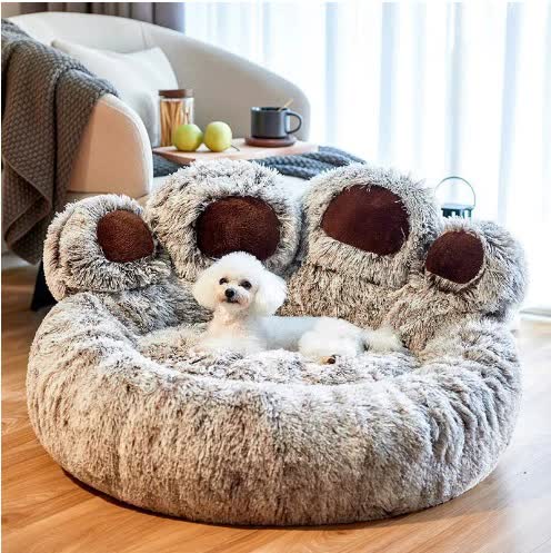 Diameter 90cm Grey Plush Dog Bed with Paw Design - Ultra Soft Round Pet Sofa for Medium to Large Dogs