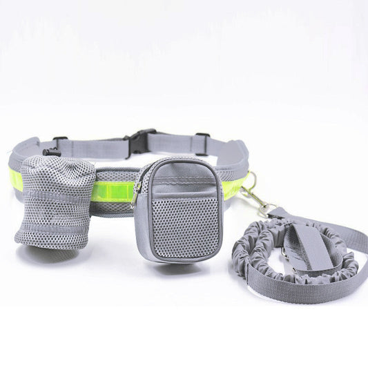 Grey Reflective Pet Waist Bag with Hands-Free Leash for Night Safety - Adjustable Waist Pack with Detachable Pouches